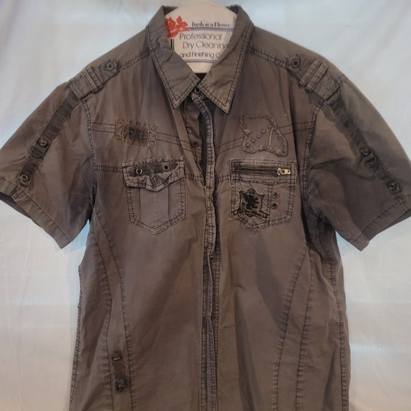 "Attitude Gold" Stonewashed Blue Button Down Shirt - Picture 1 of 2